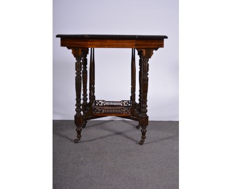 Victorian rosewood window table, octagonal top with marquetry inlay and boxwood stringing, moulded edge, turned and ringed le