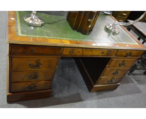 George III style mahogany Partner's desk, rectangular top with a moulded edge, leather inset, one side fitted with three draw