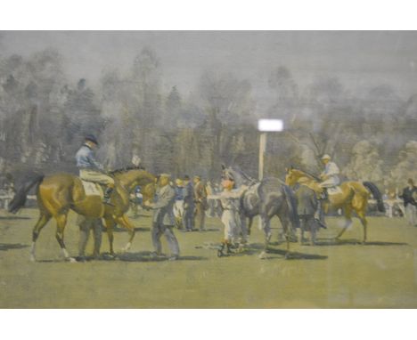 After Alfred Munnings, The Paddock at Epsom, Spring Meeting, colour print, 46cm x 56cm and after George Wright, Hunting scene