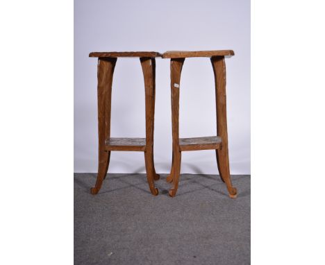 A pair of Victorian carved and stained beechwood occasional tables, decorated with flower heads and leaves, square tops, 28cm