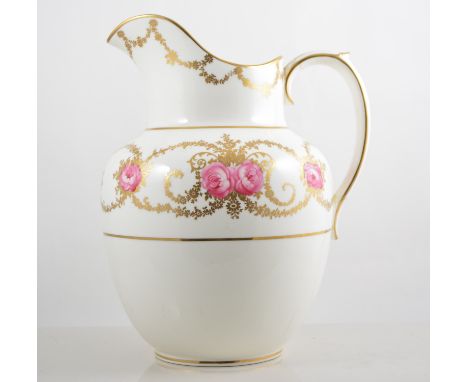 Cauldon bone china toilet set, decorated with pink roses and gilt scrolls, comprising jug and basin and pail, retailed by Har