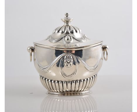 Edwardian silver caddy box, with hinged fluted cover and base, Adam style swags, London 1910, 10cms, 4ozs.