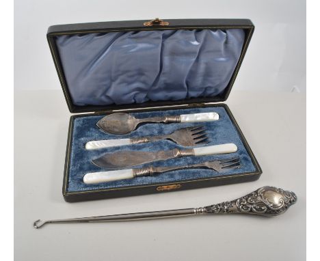 Mother of pearl mounted pen knife, 55mm watch parts, brooches, pipe, silver mount brush and button hook, silver plated cutler
