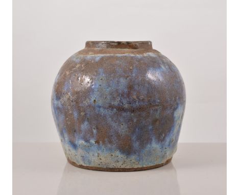 Chinese stoneware jar, cloudy flambe like near transparent glaze, bearing seal mark, 15cms.