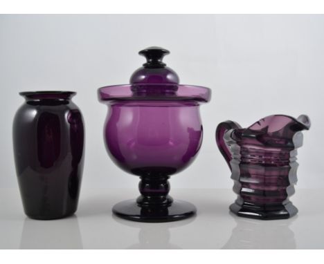 Pair of amethyst tinted rummers, 13cms and other amethyst tinted glassware, (15).