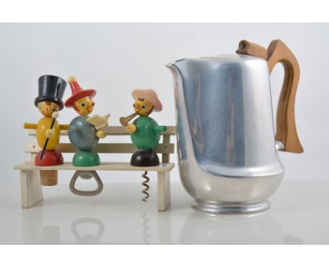 Picquot ware four piece teaset and tray, three piece bottle opening set - figures on a bench, James Walker three train mantel