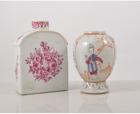 Chinese export porcelain tea caddy, painted with floral sprays in the European taste, in puce enamel, 12cms and a Chinese ovo