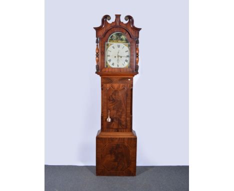 Mahogany longcase clock, hood with swan neck pediment, turned supports, short door flanked by quarter columns, box base with 