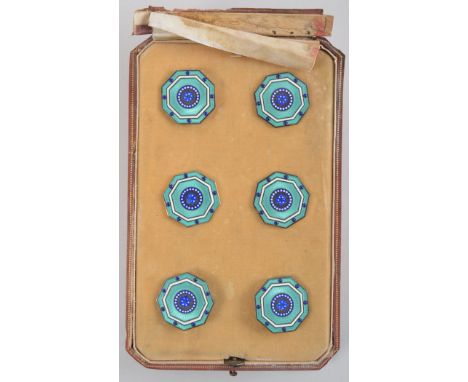 Set of six Cartier octagonal buttons, green guilloche ground enamel faces, blue and white detail, marked Cartier, Paris, Lond