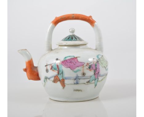 Chinese wine pot, decorated with processional figures in famille rose enamels, red seal mark, 13cms.