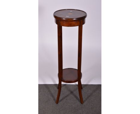 Edwardian mahogany jardiniere stand, circular top with fan transfer, boxwood stringing, splayed legs joined by a shelf, diame