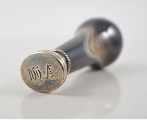 A white metal desk seal, with banded agate handle, 75cms.