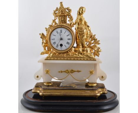 French gilt metal and alabaster mantel clock, off centre drum with white enamel dial, cylinder movement, alabaster plinth set