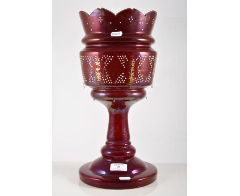 Ruby glass lustre with clear prismatic drops, all fourteen present, gilt and white jewel highlights to bowl, height 40cm.