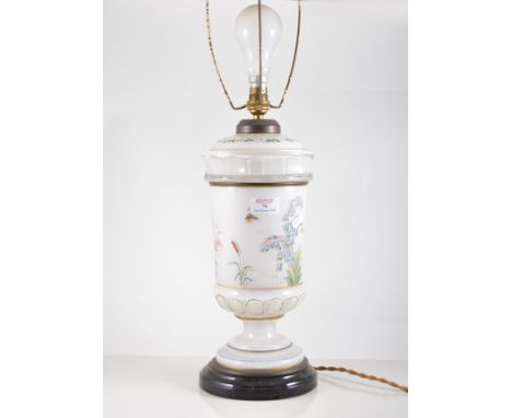 Edwardian glass oil lamp, opaque column and reserve, painted with flowers, circular base, height 36cms, converted to electric