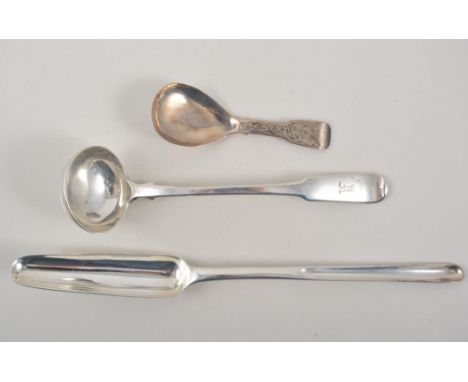 Nine items of silver flatware, to include a marrow scoop, caddy spoon, two ladles,two  pickle forks and spoons, etc, (9).