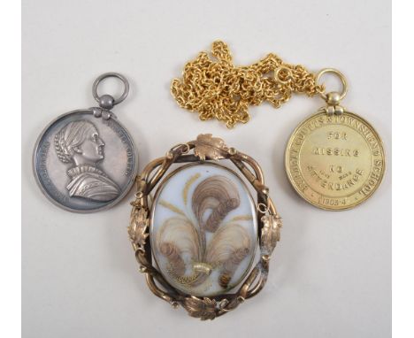 A Victorian pinchbeck mourning brooch, with swivel frame, having locks of hair to each side, two paste set bar brooches, silv