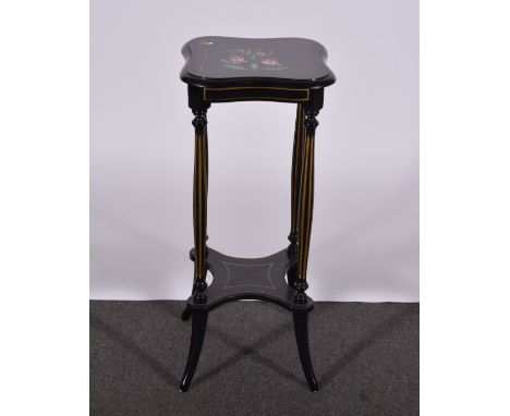 Victorian style two tier stand, shaped square top painted with flowers, turned and fluted splayed legs joined by a shelf, hei