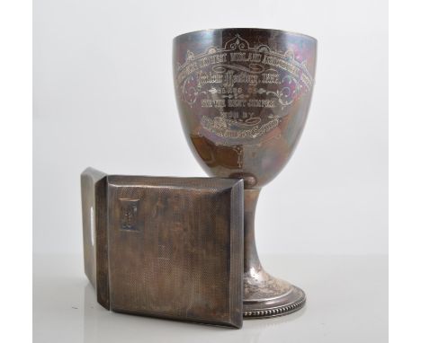 Victorian silver presentation goblet, Agricultural, London 1881, 65mm, 8ozs. a silver engine-turned cigarette case, Birmingha