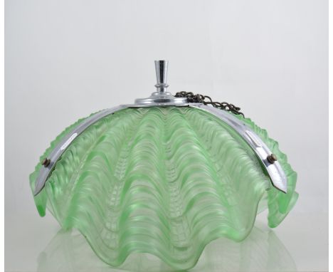 Art Deco chrome framed and lime tinted moulded glass centre light shade, scalloped sections, diameter overall 36cms.