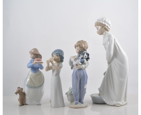 Nao figurines, to include a Lady in Nightgown, Child sitting reading, Child with doll, girl with cake and Lladro figurines, A