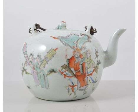 Chinese wine pot, decorated with a narrative scene in famille rose enamels, metal handle, printed seal mark, 13cms.