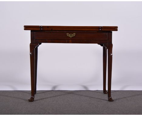 Georgian mahogany card table, inverted breakfront fold-over top enclosing a baize lined playing surface, frieze drawer, leaf 