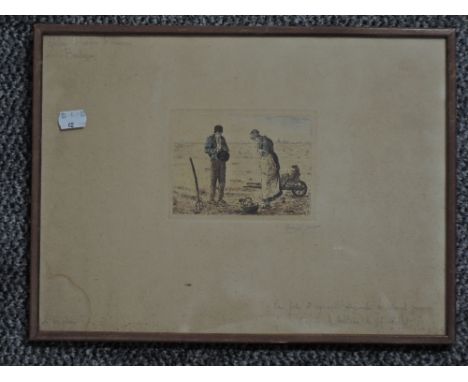 (19th century), after, Marcel Jacques/ Theodore Rousseau, an etching, coloured, French peasant farmers, 10 x 13cm, framed and