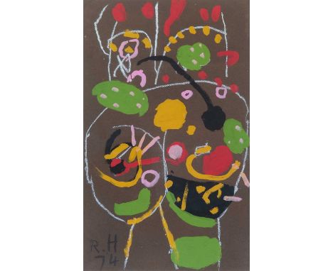 Roger HILTON (1911-1975) Untitled, 1974  Poster paint and white crayon on dark brown sugar paper,Initialled R H and dated 197