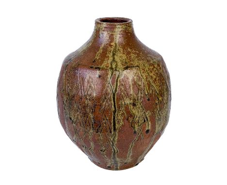 Janet LEACH (1918-1997)  An ovoid vase, with a heavily incised criss-cross pattern and a trickling green/brown glazeHeight 28