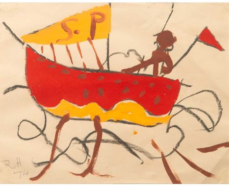 Roger HILTON (1911-1975) Boat with Man and Flag, 1974  Gouache & charcoal on paper,Initialled R H and dated '7438 x 47 cm, 15