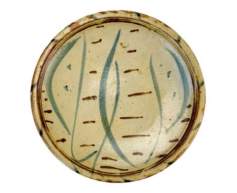 Michael CARDEW (1901-1983)  Cake plate, oatmeal glaze with blue and brown 'river' decorationDiameter 27 cmImpressed MC and Wi