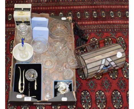 A desk lamp with a Tiffany style shade; together with a box of Edinburgh and other crystal; Wedgwood etc 