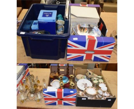 A quantity of teawares, a light fitting, a collector's plate; oak candlesticks etc 