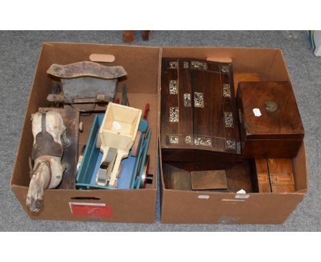 Various 19th century boxes, together with a 19th century model horse and cart, etc