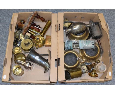 Two boxes of various metal wares including miners lamp 