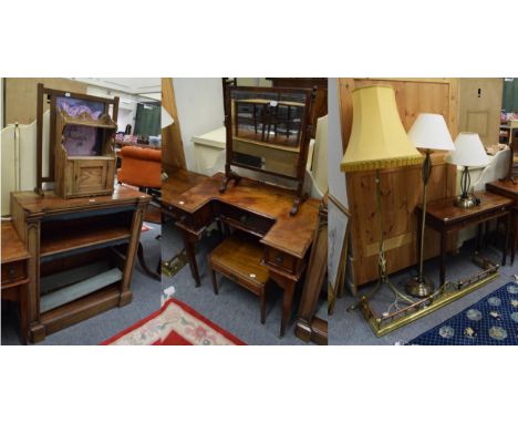 Regency open bookcase (a.f.); oak hanging cabinet; firescreen; a 19th century toilet mirror; small dressing table; bedside ta