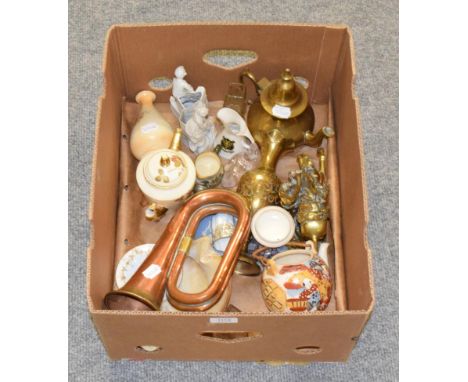 Assorted including copper and brass bugle; carved mother of pearl shells; brassware; ceramics etc 