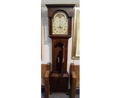 ~ A mahogany eight day longcase clock, arch painted dial signed Jno Dobie, Tanfield, dial arch with moon face, early 19th cen