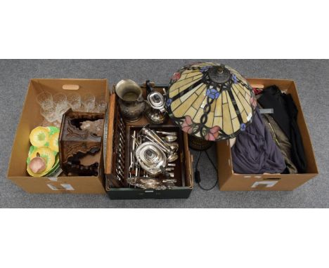 A quantity of silver plate, Carlton Ware leaf dishes, Tiffany style table lamp, glass, modern crewel work carpet, curtain, Mo