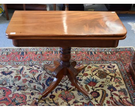 Late Regency mahogany fold-over tea table .   Top badly warped, discoloured and with a few scratches. Large metal bracket rep