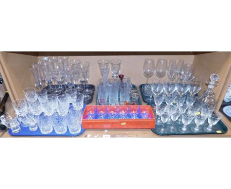 A group of drinking glasses, to include wine glasses, tumblers, a Bohemian Czechoslovakian set of six glasses, tealight holde