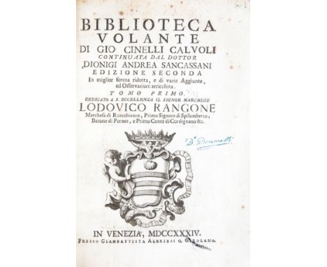 NO RESERVE Cinelli Calvoli Giovanni. Biblioteca volante... continuata dal dottor Dionigi Andrea Sancassani... Tomo primo [-qu