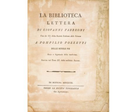 NO RESERVE Fabbroni Giovanni. La Biblioteca. Lettera di Giovanni Fabbroni uno dei XL della Societa italiana delle scienze a P