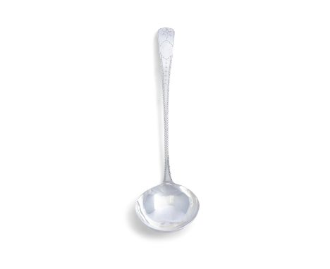 AN IRISH PROVINCIAL BRIGHT-CUT SILVER SOUP LADLE, Cork c.1790, maker's mark of Toleken, (c.6 troy ozs) 37.5cm long