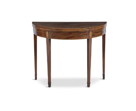 A GEORGE III D-SHAPED FOLD OVER CARD TABLE,  the hinged top enclosing a plain interior, the frieze with inlaid borders and sq