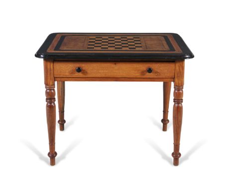 AN ANGLO-INDIAN SATINWOOD, EBON AND PARQUETRY INLAID GAMES TABLE, 19th century, of rectangular form, centred with chequered g