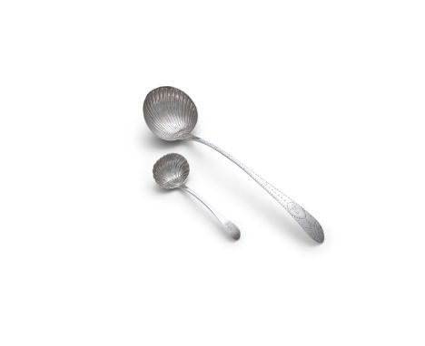 AN IRISH GEORGE III BRIGHT-CUT SILVER SOUP LADLE, Dublin (date mark rubbed) maker's mark of John Shields, with tapering point