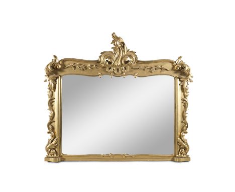 A FINE VICTORIAN CARVED GITLWOOD OVERMANTLE MIRROR, of rectangular form, fitted with plain glass plate contained within an el