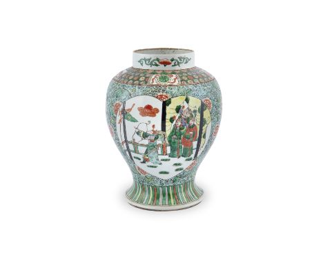 A CHINESE FAMILLE VERTE BALUSTER JAR, 19th century with short upright collar, the body painted with floral scroll work in gre